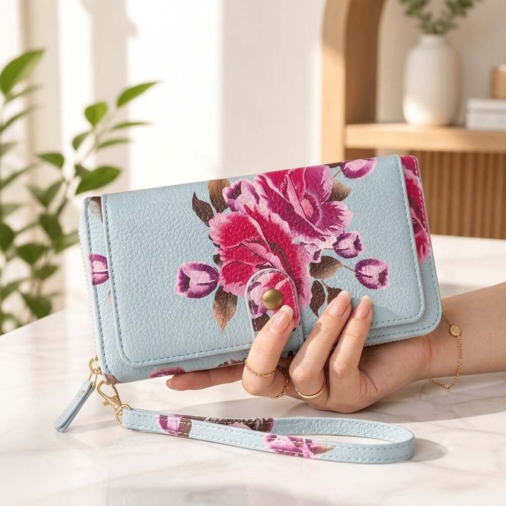 Floral Print Detachable Magnetic Wallet Case with Wrist Strap